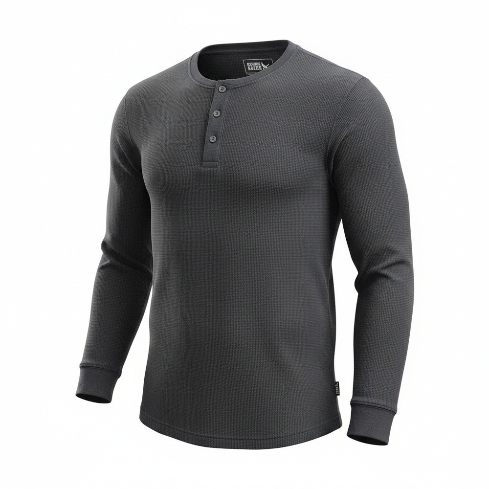 Eddie Bauer Men's XXL Black‎ Waffle Knit Thermal Henley Long Sleeve Shirt